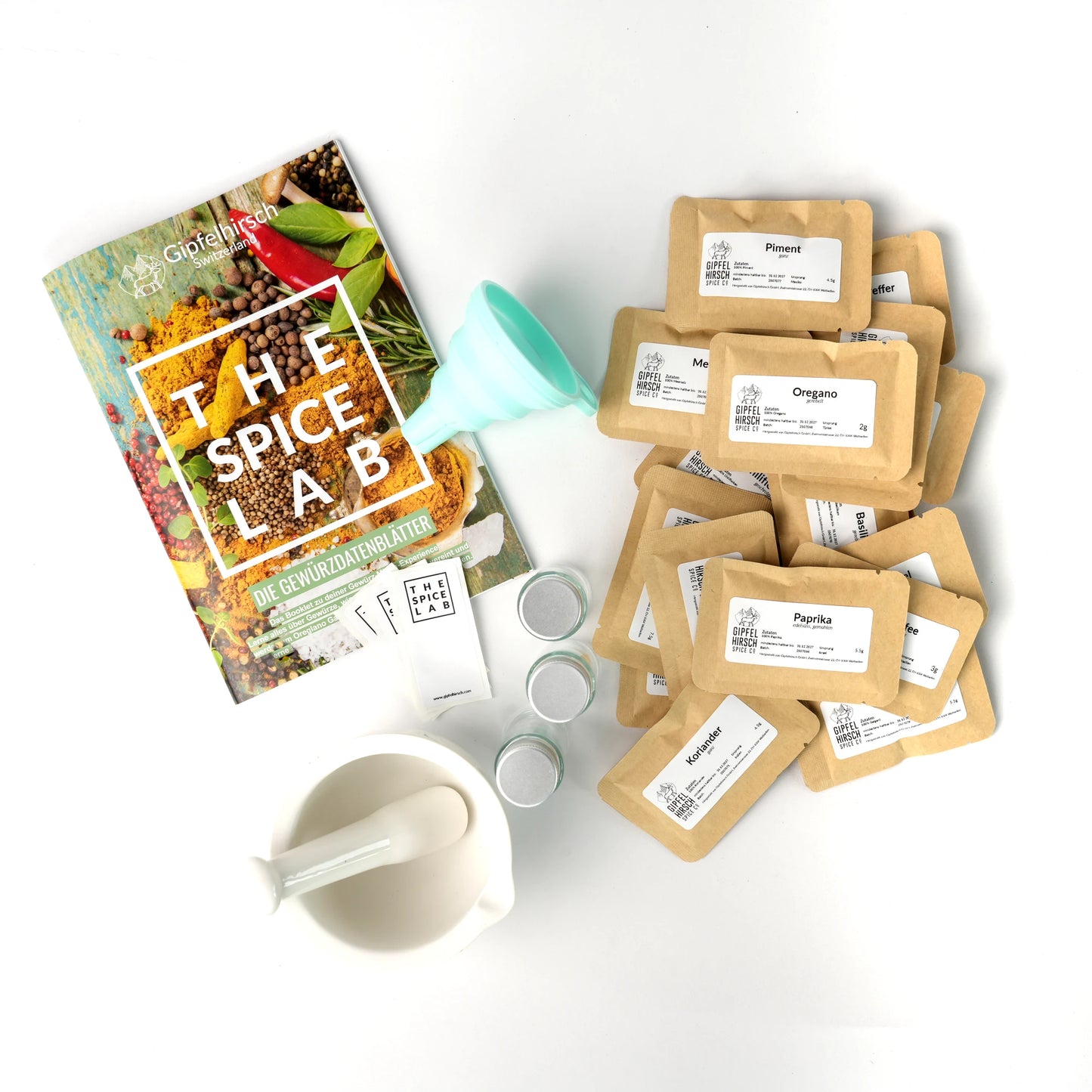 Spice packaging with a mortar and pestle on a white background